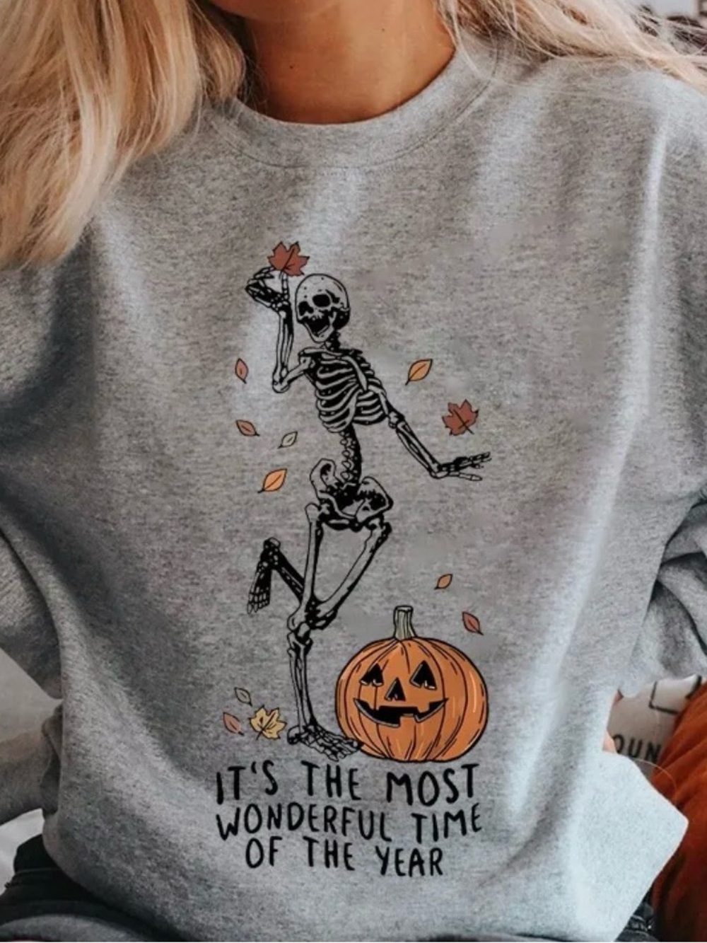Gray Halloween Skeleton & Pumpkin Graphic Sweatshirt XXL